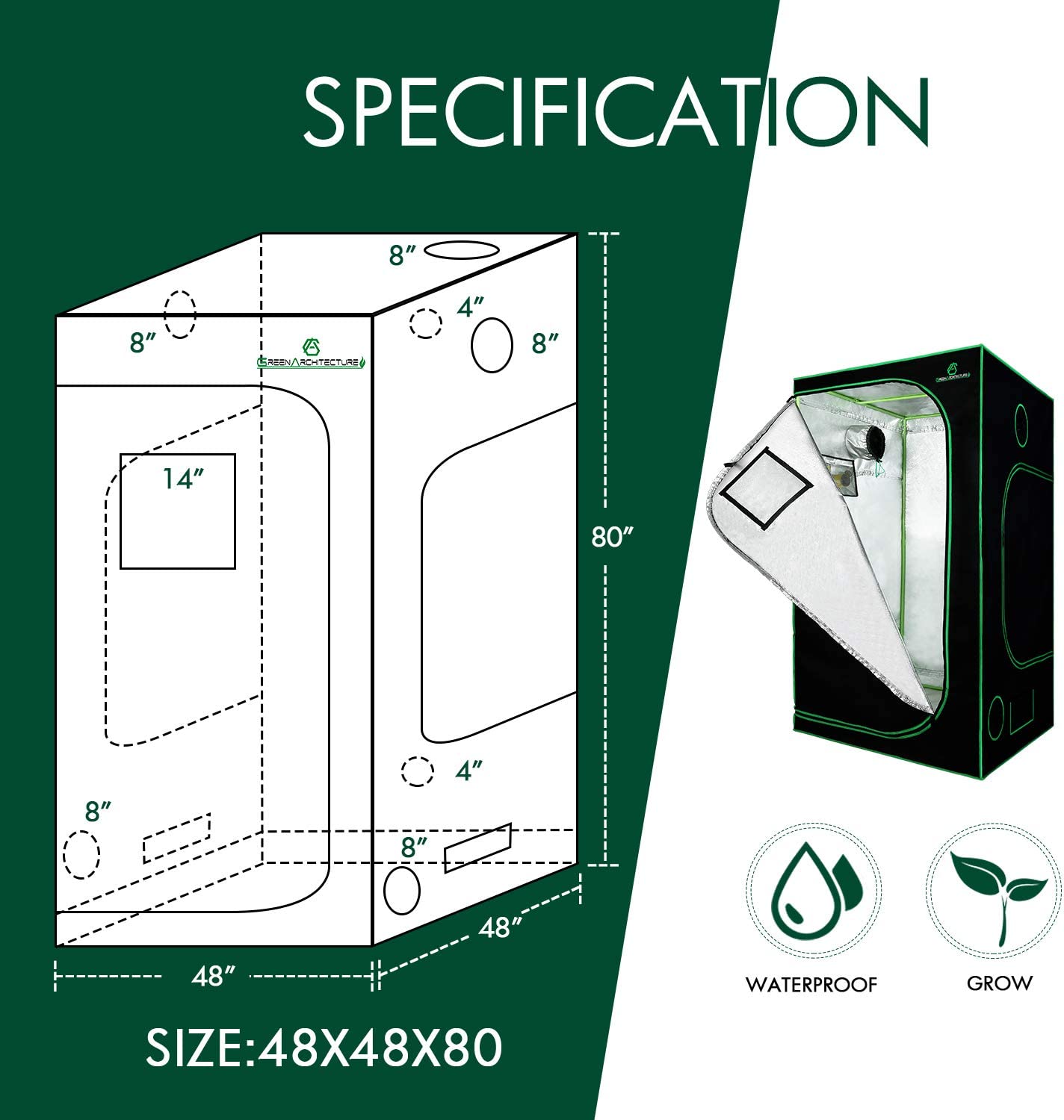 GA Grow Tent 48x48x80 4x4 Reflective Mylar Hydroponic Grow Tent with Observation Window and Waterproof Floor Tray for Indoor Plant Growing (48x48x80)
